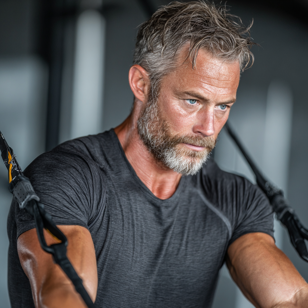 Fit man in his 50s performing functional training exercises with resistance bands in a clean gym setting, showing proper form and concentration