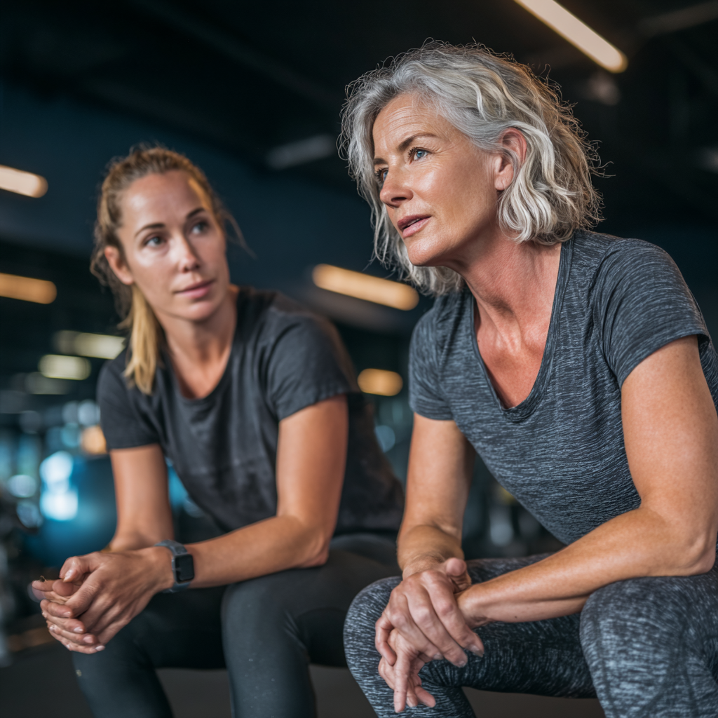 Professional female trainer in her 40s demonstrating exercise techniques to a mature client in a modern wellness environment